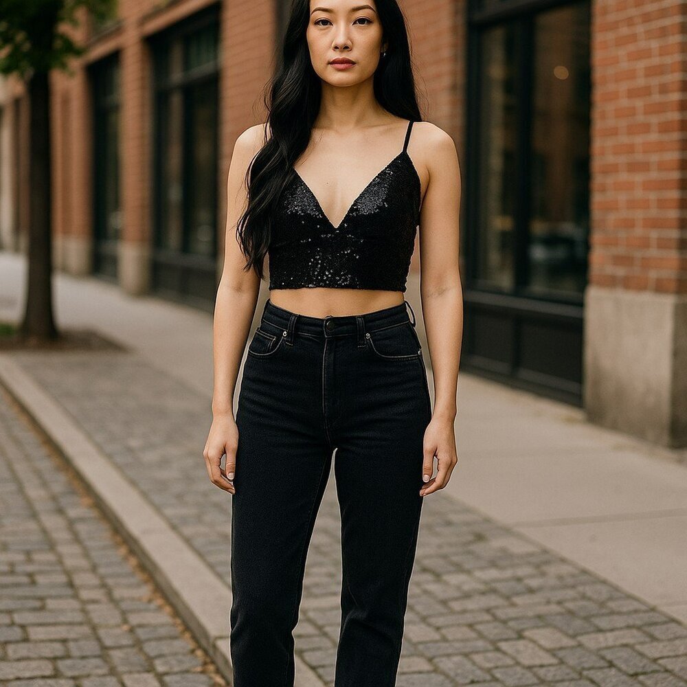 H&M Divided Women Medium Black Sequins Spaghetti Strap V Neck Bustier Crop Top M